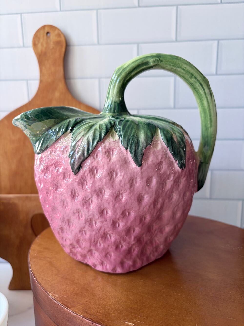 Vintage Italian Majolica Style Strawberry Pitcher Figural Ceramic Made Italy